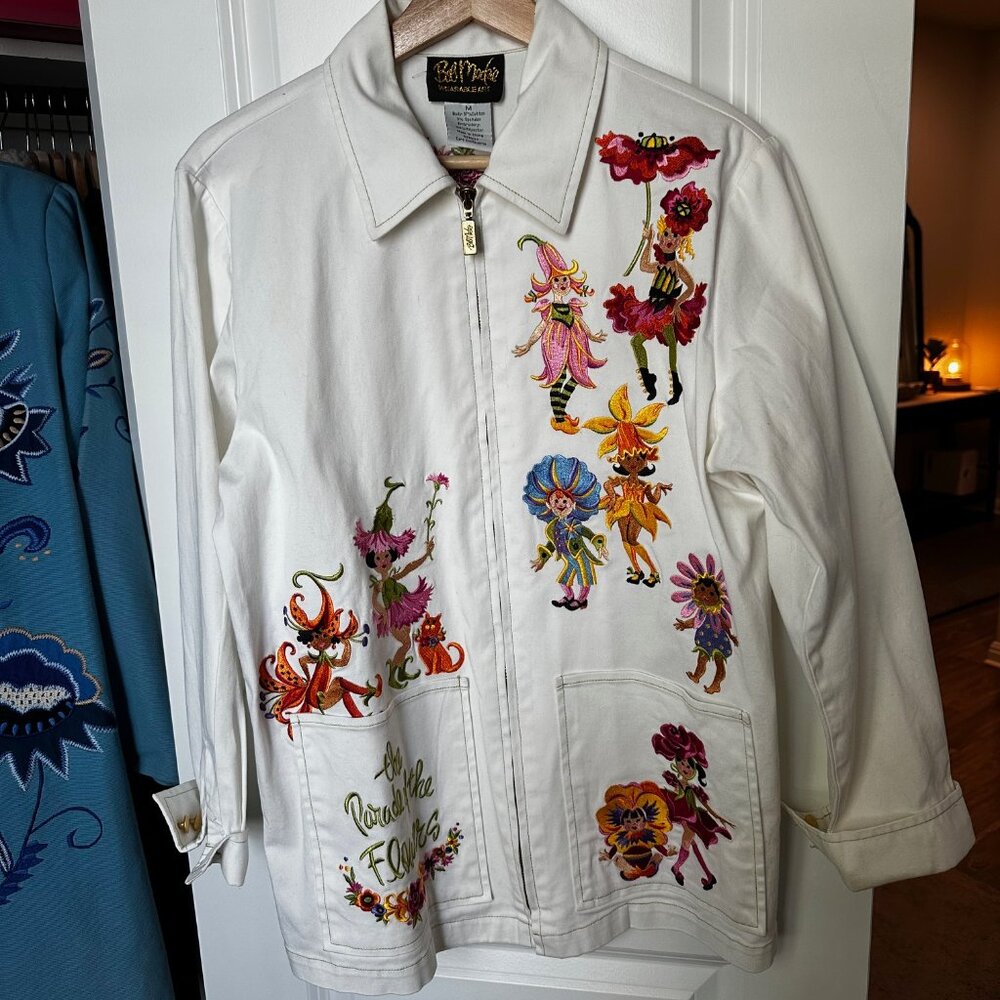 Bob Mackie Wearable Art "The Parade of Flowers" jacket in white, women's medium